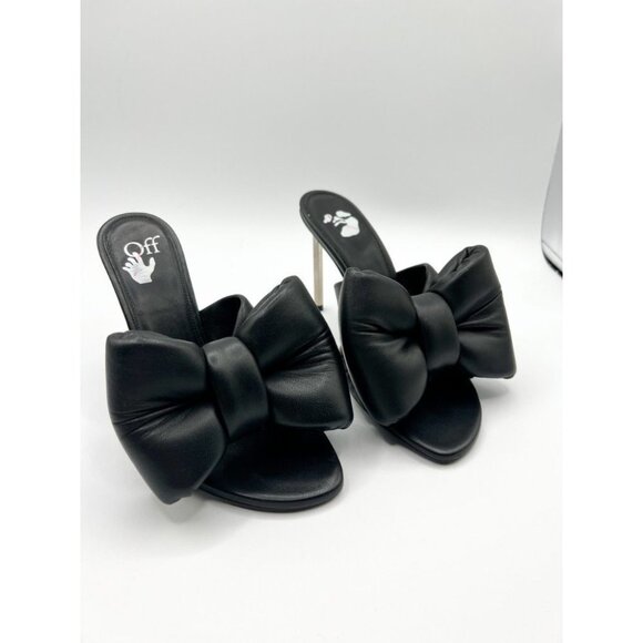 Off-White Allen Black Leather Bow Mule Sandals Stiletto Heel - Picture 7 of 14